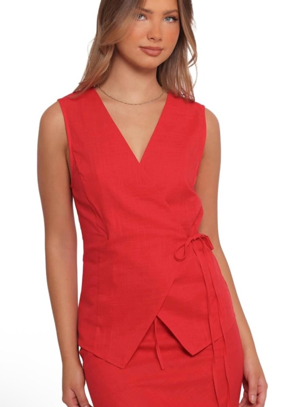 Petal & Pup Vanni Wrap Front Linen Top in Red 100% Cotton